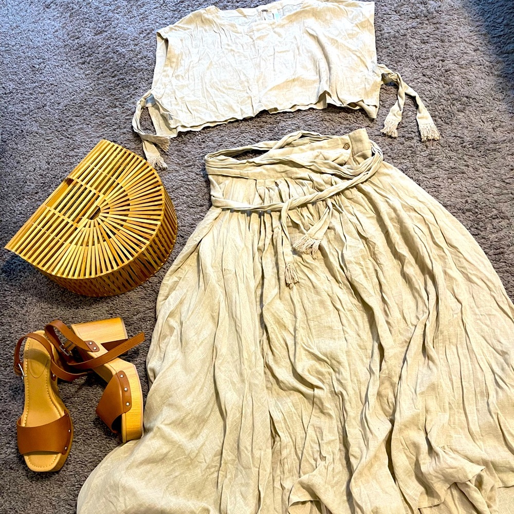 Free People L Tan Colored Two piece Skirt set